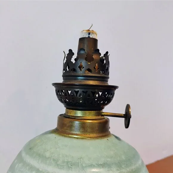 Vintage Seafoam Green Ceramic Studio Pottery Oil Lamp With Ornate Brass Coronet - Picture 2 of 9